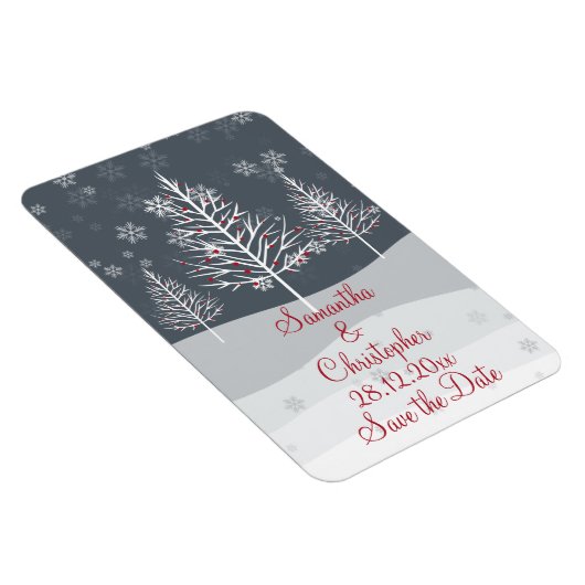 雪の夜と冬の木々の結婚式の日付を保存 マグネット (右側)