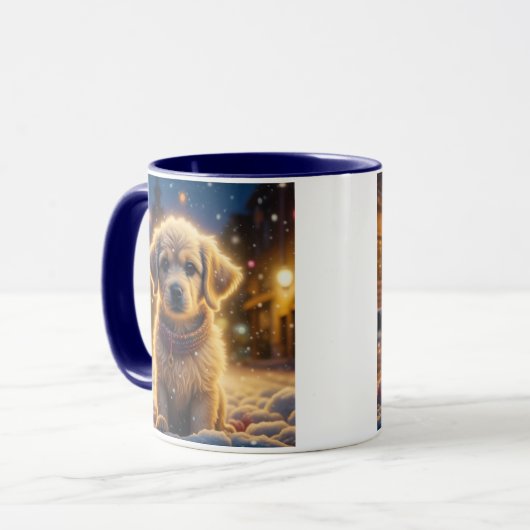雪の夜にかわいいクリスマスの子犬 マグカップ (正面左)