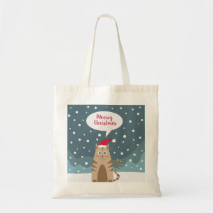 雪の夜にクリスマスを祝うサンタ猫 トートバッグ