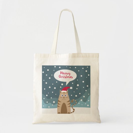 雪の夜にクリスマスを祝うサンタ猫 トートバッグ (正面)