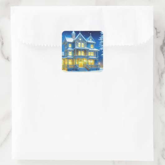 雪の夜にクリスマスハウス スクエアシール (バッグ)