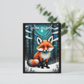 雪の夜の森かわいいキツネクリスマスホリデー ポストカード (スタンド正面)