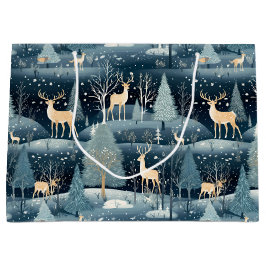 雪の夜の鹿のフィールド ラージペーパーバッグ