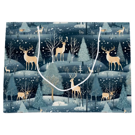 雪の夜の鹿のフィールド ラージペーパーバッグ (正面)