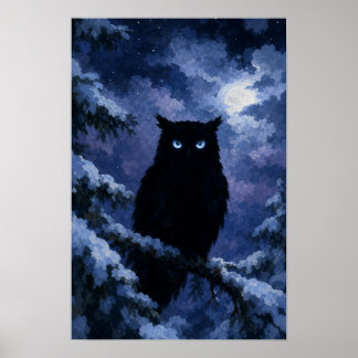 雪の夜の黒いフクロウ ポスター