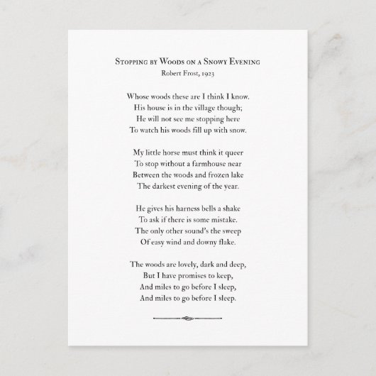 雪の夜、森の脇を通り過ぎて　ロバート・フロスト ポストカード (正面)