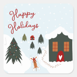 雪の天使を作るかわいい白いクリスマス犬 スクエアシール