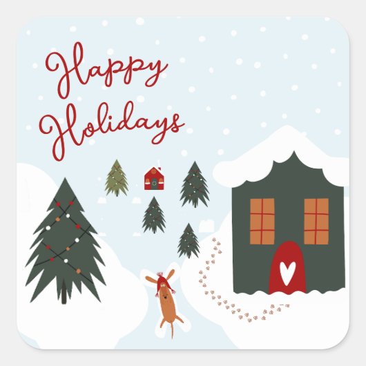 雪の天使を作るかわいい白いクリスマス犬 スクエアシール (正面)