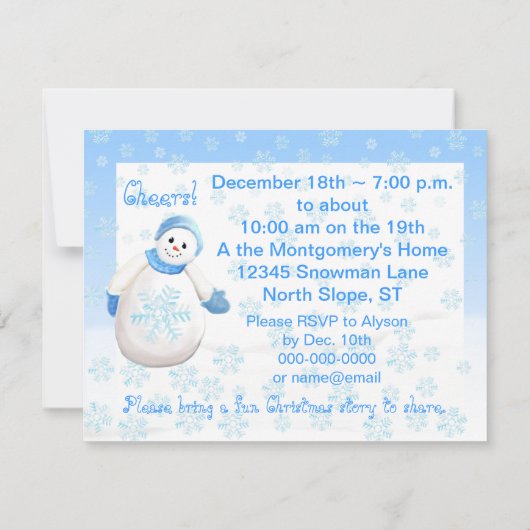 雪の女の子の休日の眠りのパーティの招待状 招待状 (裏面)