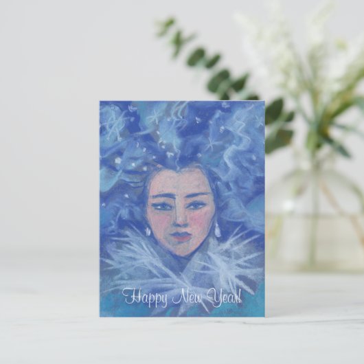 雪の女の子，冬のファンタジーアート，クリスマス新年 シーズンポストカード (スタンド正面)