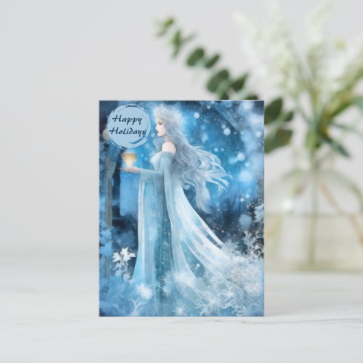雪の女王ファンタジーアート – 神秘的な冬の女神 シーズンポストカード (スタンド正面)
