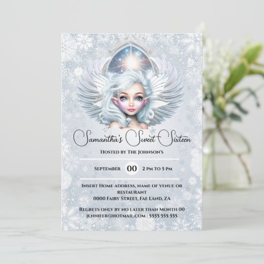 雪の妖精の王女の冬のスノーフレークpixie女の子 招待状 (スタンド正面)