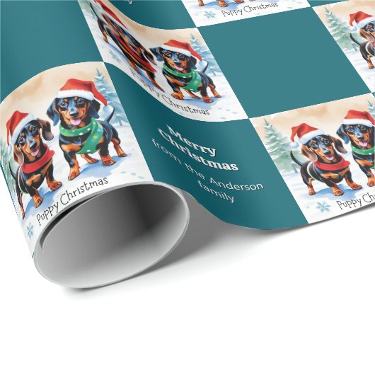 雪の子犬のクリスマスに可愛いダックスシャント子犬 ラッピングペーパー (ロールコーナー)