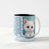 雪の子猫のマグ、冬のマグインスパイア、猫好き ツートーンマグカップ (正面右)