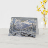 雪の山とヴィンテージクリスマスの風景 カード (黄色い花)