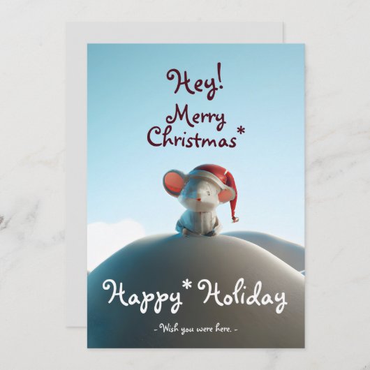雪の山の上のクリスマサンタハットマウス シーズンカード (正面/裏面)