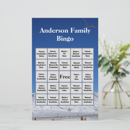 雪の山の家族の名前と写真ビンゴゲーム 便箋 (スタンド正面)