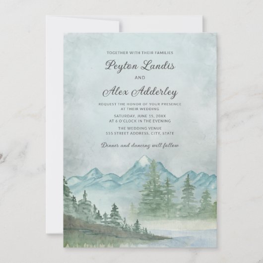 雪の山の湖の絵画キャップ結婚 招待状 (正面)