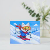 雪の山をスキーするホッキョクギツネ ポストカード (スタンド正面)