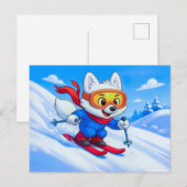 雪の山をスキーするホッキョクギツネ ポストカード (正面/裏面)