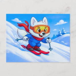 雪の山をスキーするホッキョクギツネ ポストカード