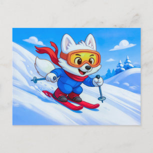 雪の山をスキーするホッキョクギツネ ポストカード