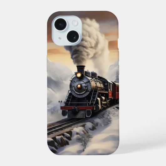 雪の山を走る列車 iPhone 15ケース (裏面)