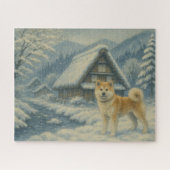 雪の山里と秋田犬 / Akita Inu in a Snowy Mountain Village ジグソーパズル (横)