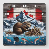 雪の山，海，カナダビーバー スクエア壁時計 (正面)