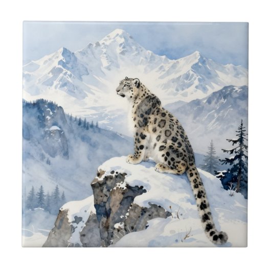 雪の峰に佇むユキヒョウ オーダーメイド タイル (正面)