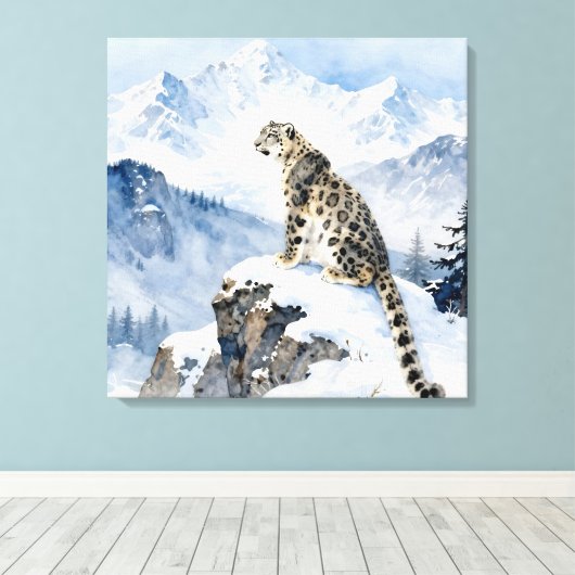 雪の峰に佇むユキヒョウ キャンバスプリント (インサイチュ (ウッドフロア))