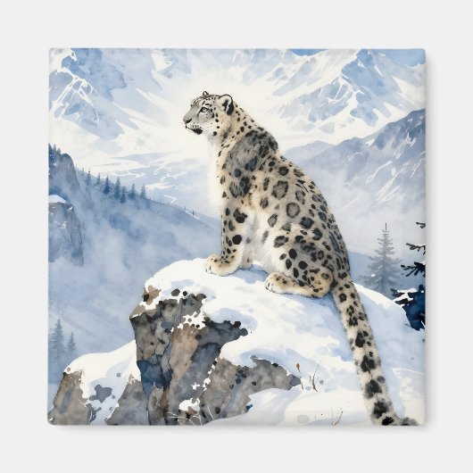 雪の峰に佇むユキヒョウ マグネット (正面)