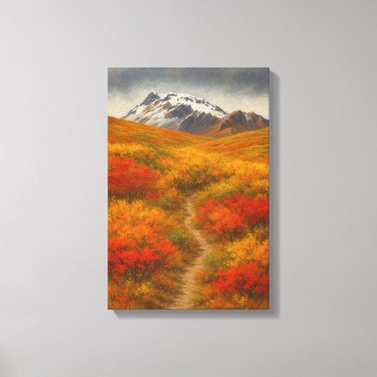雪の峰へ向かう秋の道 キャンバスプリント (正面)