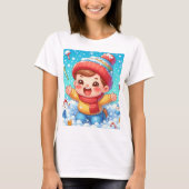 雪の嵐の中でベビーが後ろに雪だるまを持つ Tシャツ (正面)