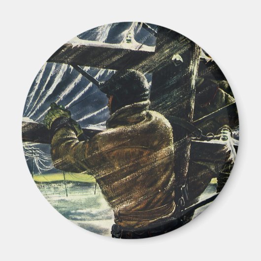 雪の嵐の中で働くビンテージの電気技師 マグネット (正面)