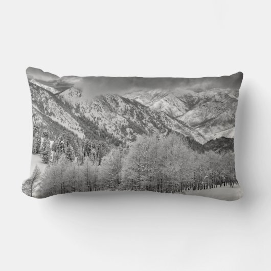 雪の嵐の中の常緑樹と《植物》アスペンの木 ランバークッション (正面)