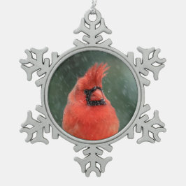 雪の嵐の中の松の木にいるショウジョウコウカンチョウ スノーフレークピューターオーナメント