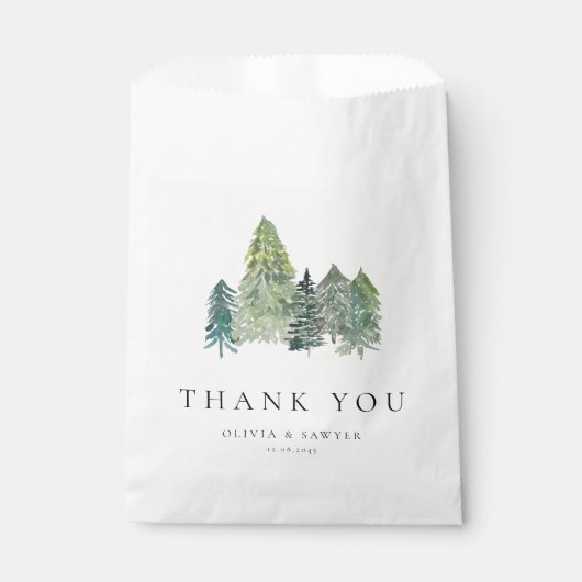 雪の常緑森林冬の結婚式ありがとう フェイバーバッグ (正面)
