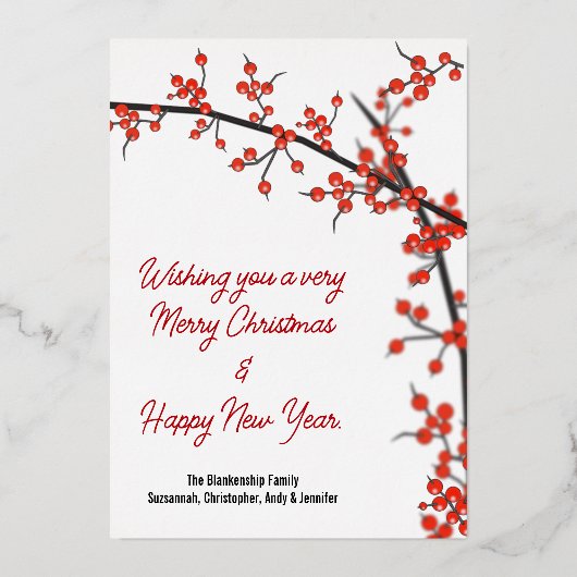 雪の常緑樹の季節の挨拶(鳥)ショウジョウコウカンチョウ 箔シーズンカード (裏面)