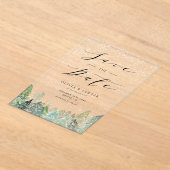 雪の常緑樹林冬の日付を保存 アクリル招待状 (レイダウン)