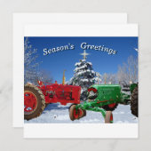 雪の平らなホリデーカード 2 台のヴィンテージ トラクター シーズンカード (正面/裏面)