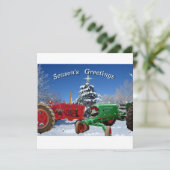 雪の平らなホリデーカード 2 台のヴィンテージ トラクター シーズンカード (スタンド正面)