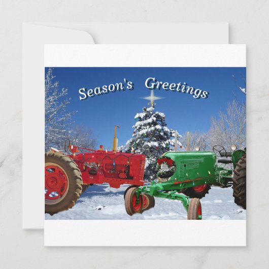 雪の平らなホリデーカード 2 台のヴィンテージ トラクター シーズンカード (正面)