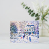 雪の庭の冬のシーンの人々と子供 シーズンポストカード (スタンド正面)