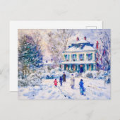 雪の庭の冬のシーンの人々と子供 シーズンポストカード (正面/裏面)