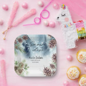 雪の恋に酔う 雪の松の木の冬のブライズシャワー ペーパープレート (パーティー)