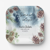 雪の恋に酔う 雪の松の木の冬のブライズシャワー ペーパープレート (正面)