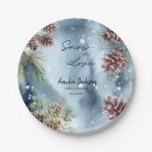 雪の恋に酔う　雪の松の木の冬のブライズシャワー ペーパープレート (正面)