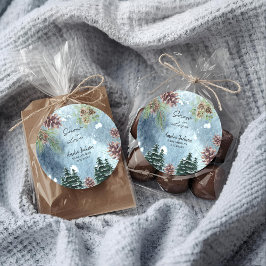 雪の恋に酔う 雪の松の木の冬のブライズシャワー ラウンドシール