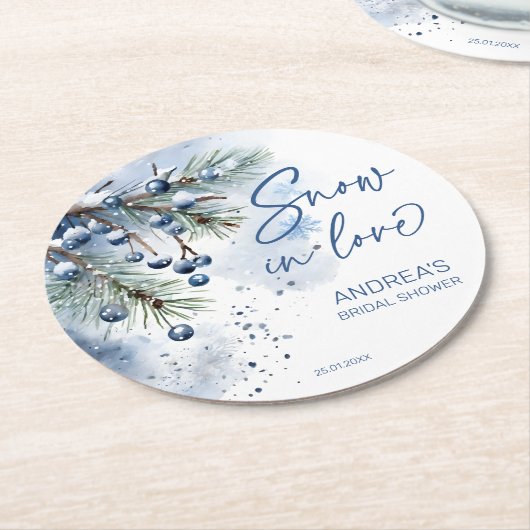 雪の恋の冬のブライダルシャワーの景品 ラウンドペーパーコースター (アングル)